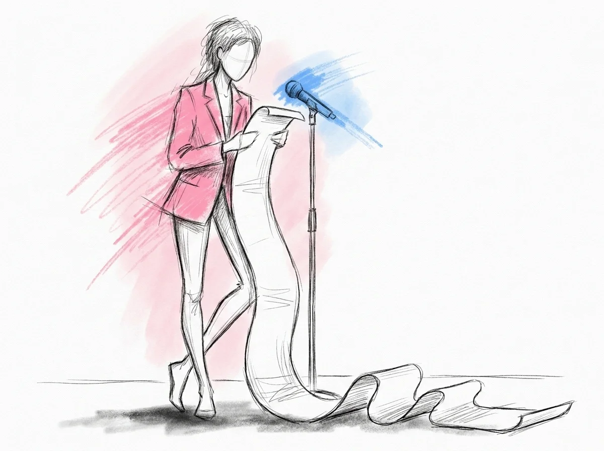 Person vid en mikrofonställning som tittar ner på en alldeles för lång pappersrulle som rullar ut hela vägen ner till golvet, i Lovios rosa och blå illustrationsstil