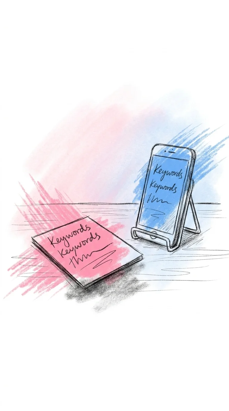 Tryckt A6-stödkort med några stora handskrivna stödord liggande på ett bord bredvid en telefon som visar samma korta stödordslista, i Lovios rosa och blå illustrationsstil