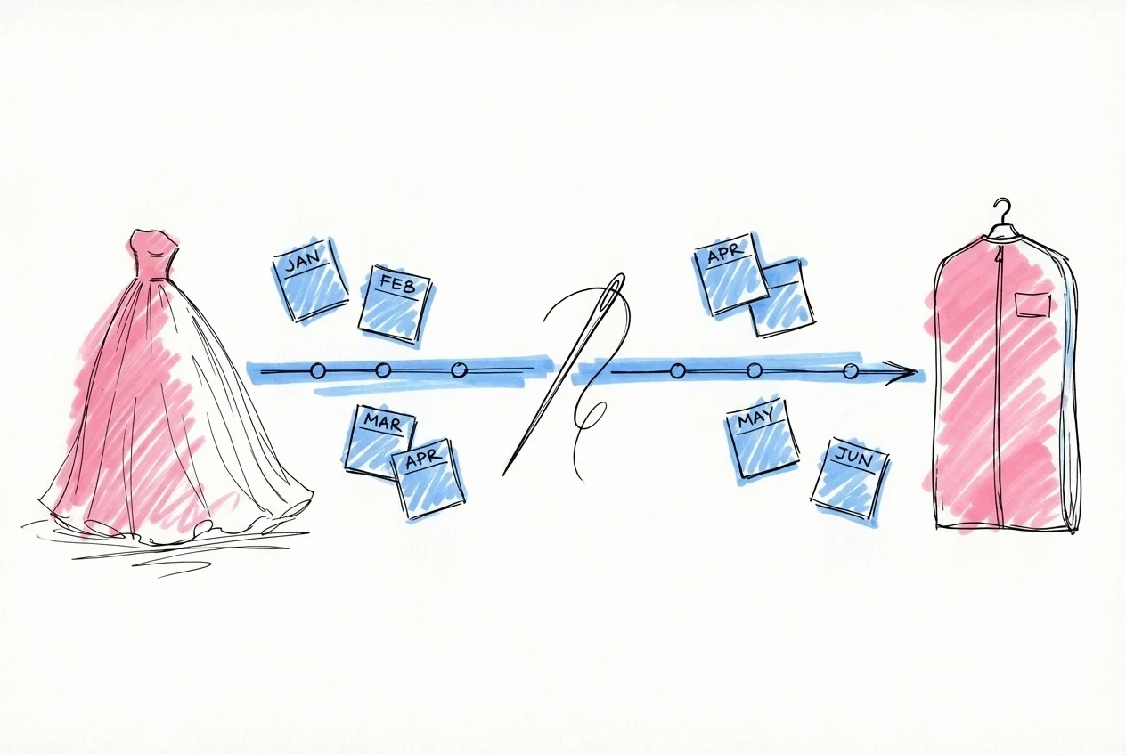En horisontell tidslinje med fem milstolpar från 12 månader till bröllopsdagen, i Lovios rosa och blå illustrationsstil