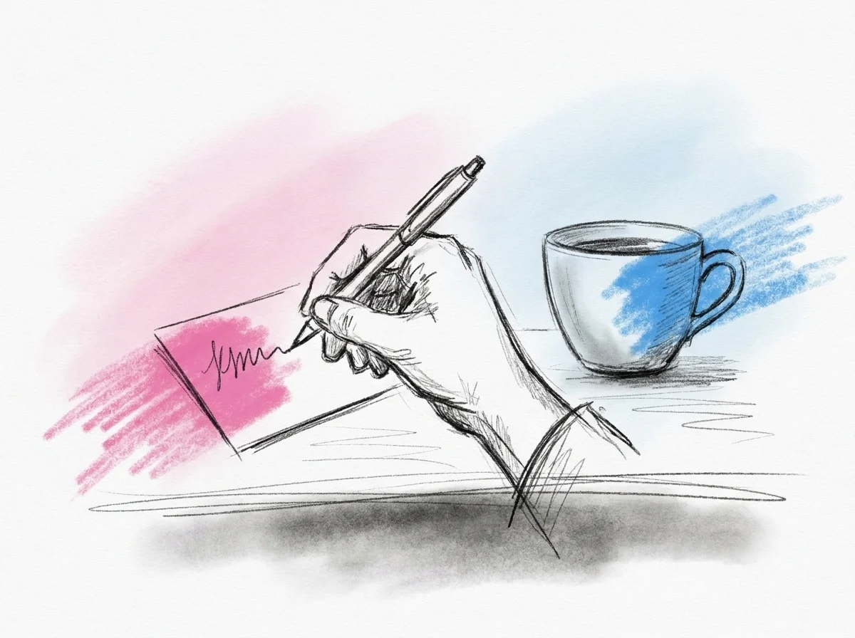 Hand som skissar fem korta numrerade stödord på ett litet kort bredvid en kaffekopp på ett bord, i Lovios rosa och blå illustrationsstil