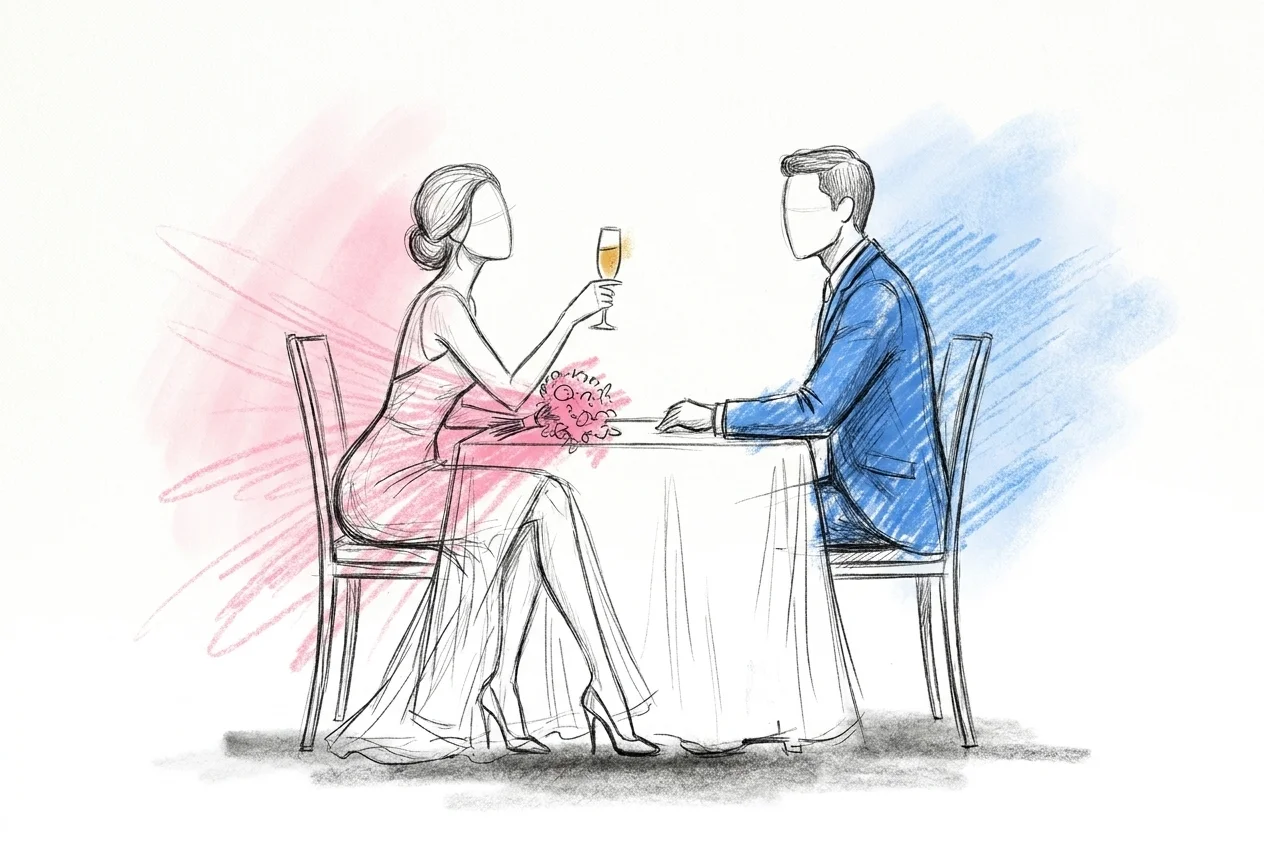 Brud mitt i en skål, vänd varmt mot den sittande brudgummen med glaset lätt höjt och en intim blick mellan dem vid bordet, i Lovios rosa och blå illustrationsstil