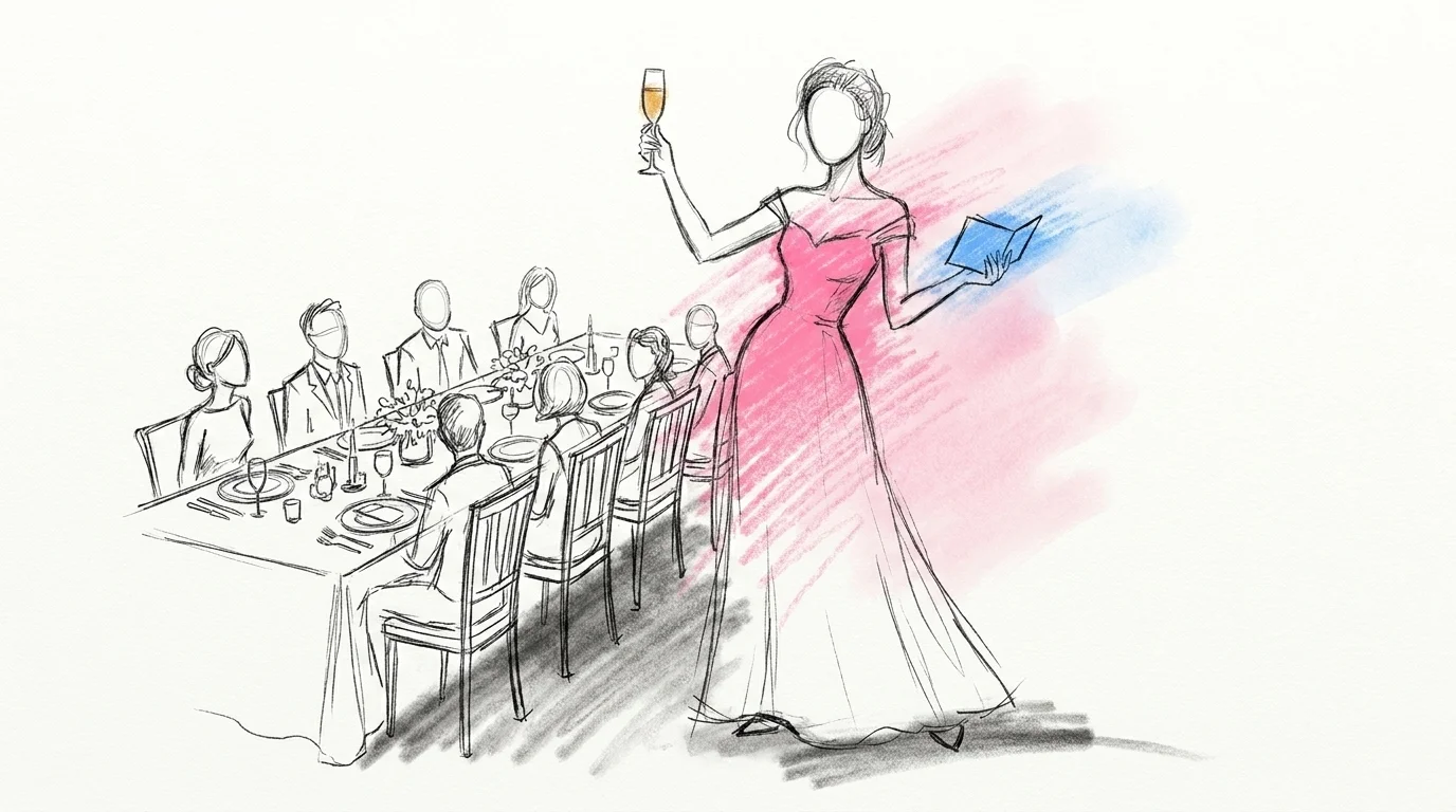 Brud håller brudens tal vid ett festligt dukat bord, höjer ett glas i en skål och håller ett litet talkort i andra handen medan gästerna vänder sig mot henne, i Lovios rosa och blå illustrationsstil