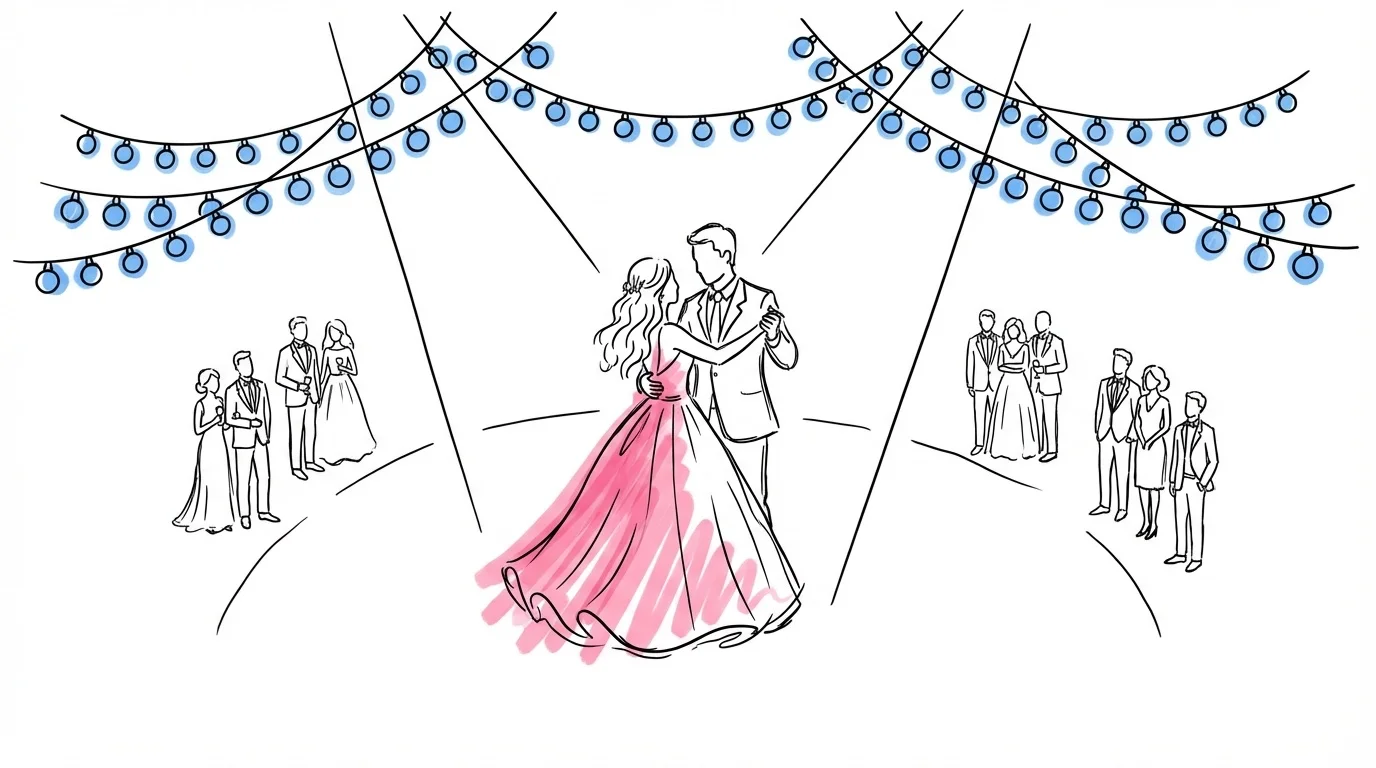 Brudpar dansar sin brudvals på dansgolvet under ljusslingor