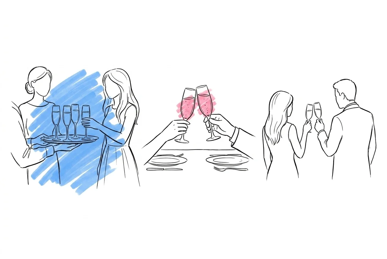 Tre små skålvinjetter sida vid sida: ankomstmingel med höjda flûtes, ett sittande middagsmoment med glas lyfta över bordet och en sen kvällsskål under mjukare ljus — Lovios illustrationsstil