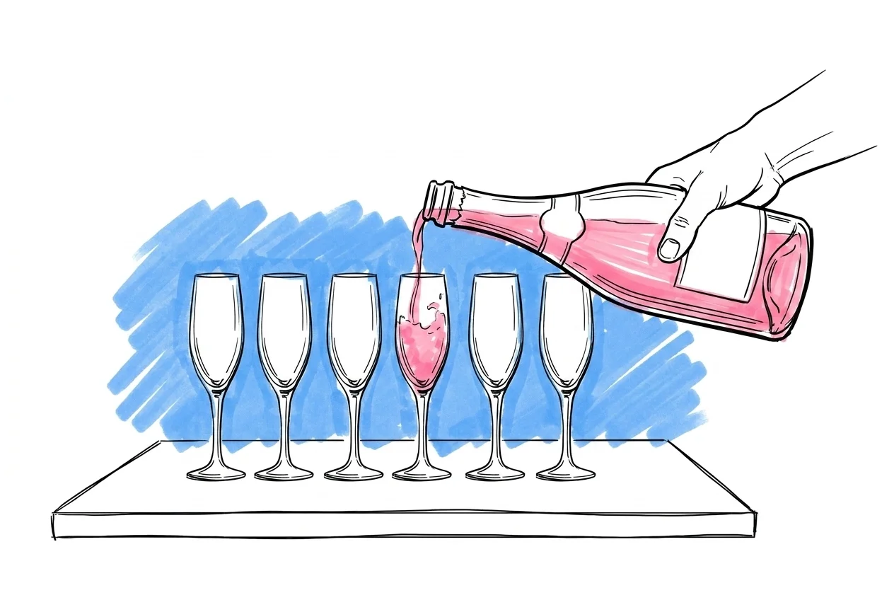En bubbelflaska och sex tomma flûteglas i rad med en hand mid-pour fyller ett av glasen — Lovios illustrationsstil