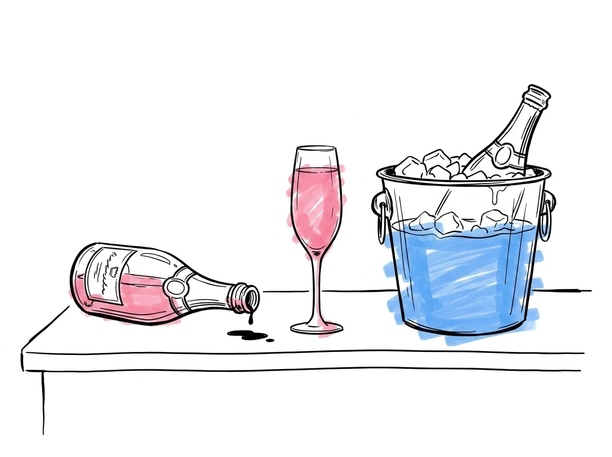 Ett serveringsbord mitt i kvällen med en tom bubbelflaska på sidan, ett flûteglas med platt vin och en halvfylld ishink bredvid — Lovios illustrationsstil