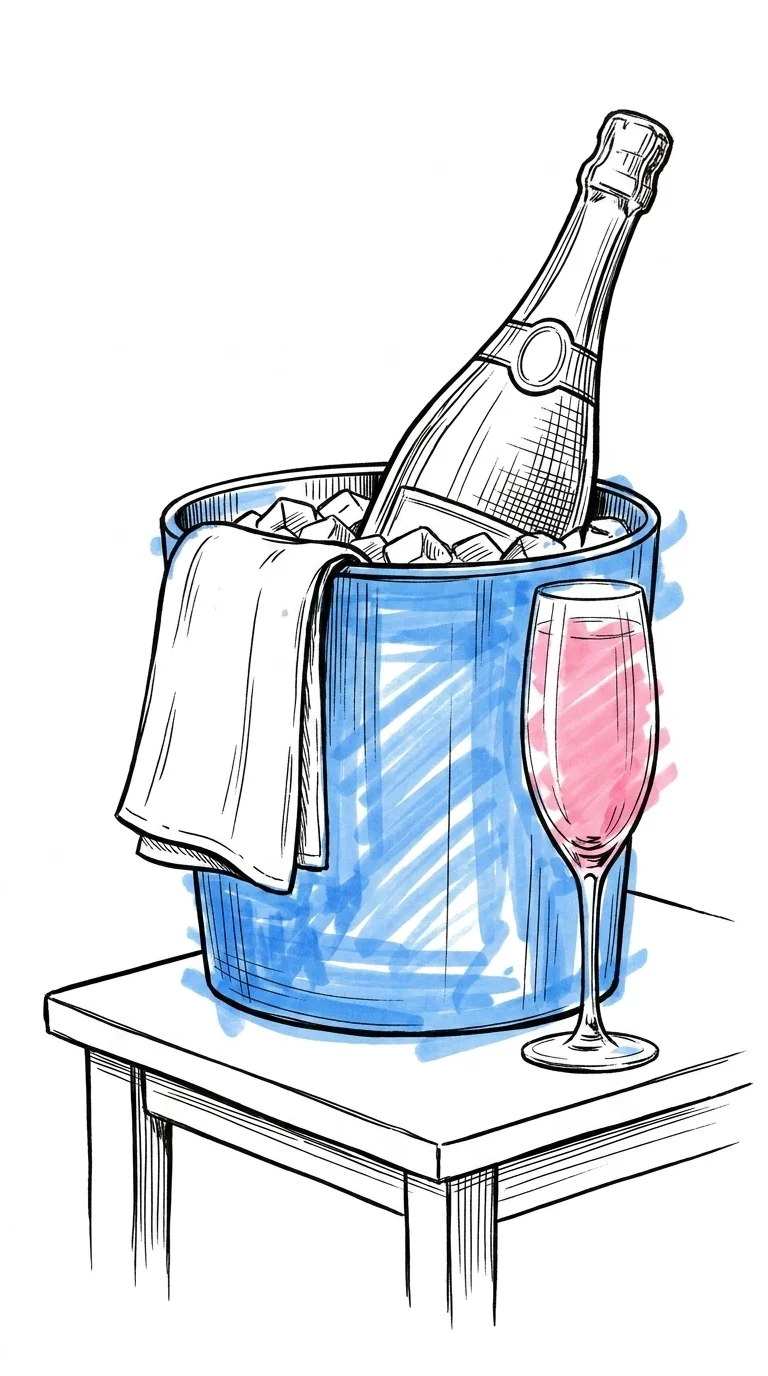 En bubbelflaska vilar i en ishink med en vikt servett över kanten och ett kylt flûteglas bredvid — barens setup precis innan servering i Lovios illustrationsstil
