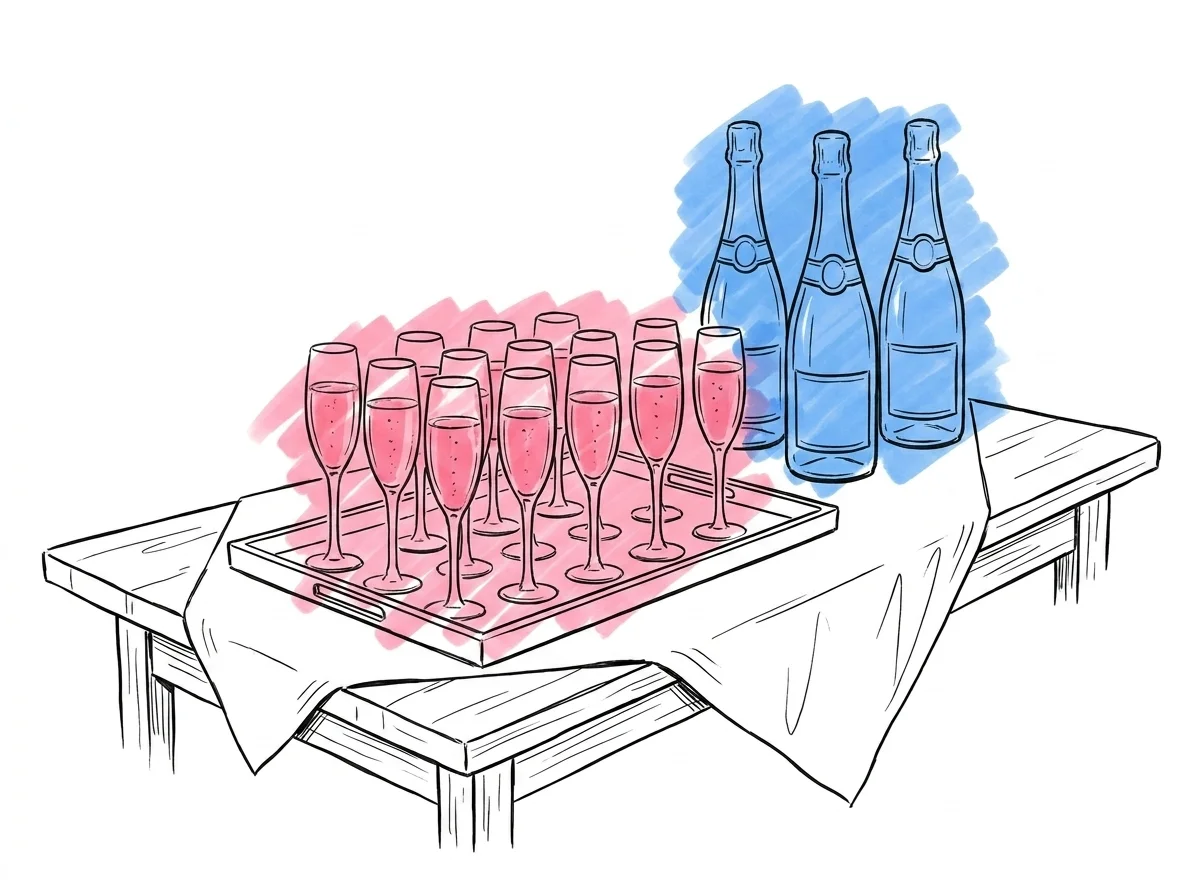 En bricka med fyllda flûteglas i prydliga rader på ett serveringsbord och ett par flaskor bredvid redo att fylla på — Lovios illustrationsstil