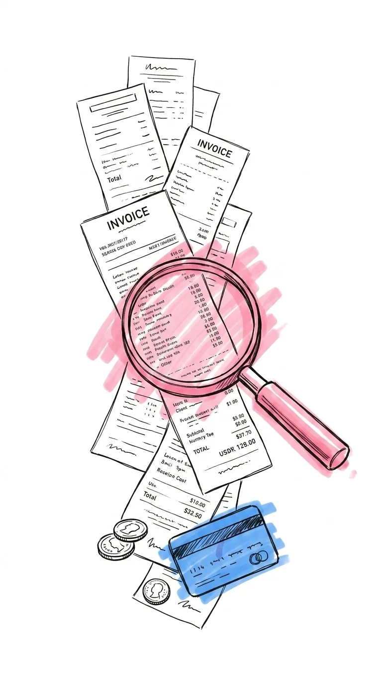 Hög trave med kvitton och fakturor för catering bröllop pris, ett förstoringsglas över mitten avslöjar finskriven text, mynt och kreditkort nedtill
