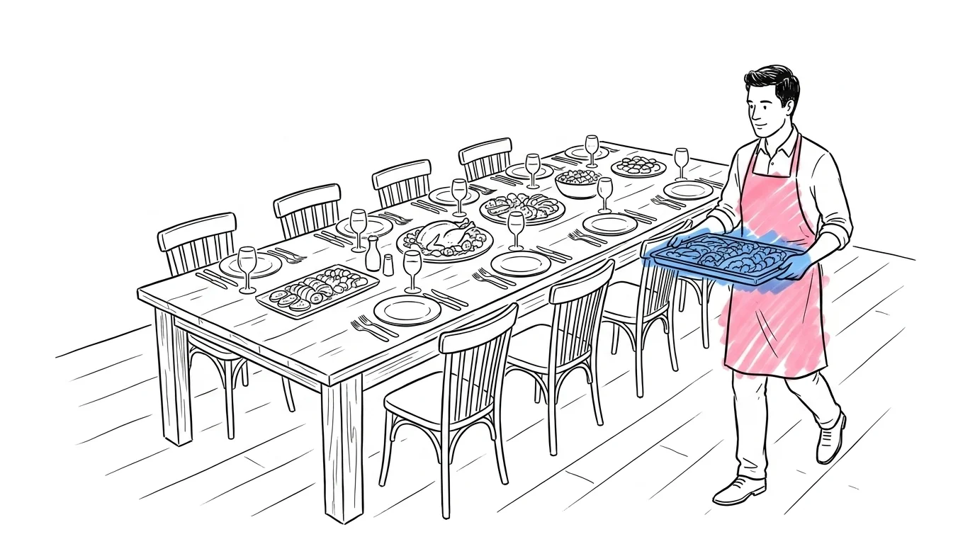 Catering bröllop pris: långbord dukat för bröllopsmiddag med fat och tallrikar, en caterer i förkläde bär en bricka med mat mot bordet
