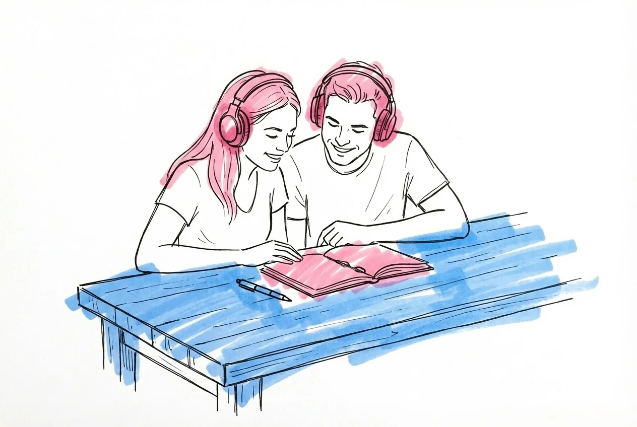 Ett par som sitter vid ett bord och jämför musikalternativ med hörlurar och anteckningsblock, i Lovios rosa och blå illustrationsstil