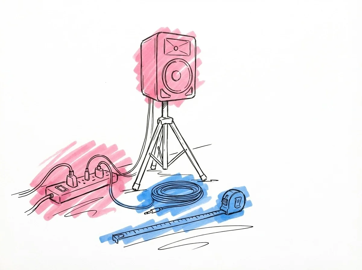 Teknisk utrustning — grenuttag, högtalare, kabelrulle och måttband — i Lovios rosa och blå illustrationsstil