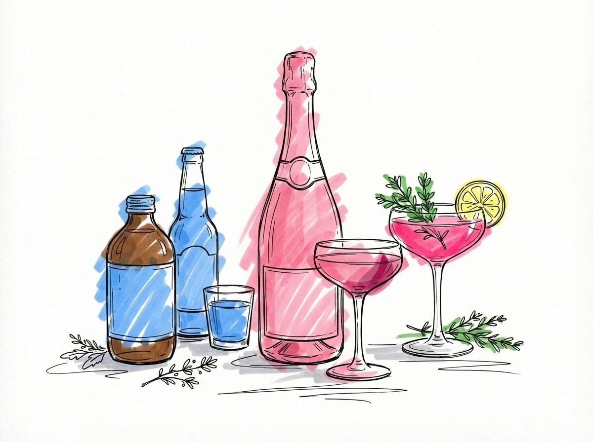 Elegant uppställning av alkoholfria drycker: alkoholfritt mousserande vin, craft-kombucha, mocktail i coupeglas och alkoholfri öl i Lovios stil