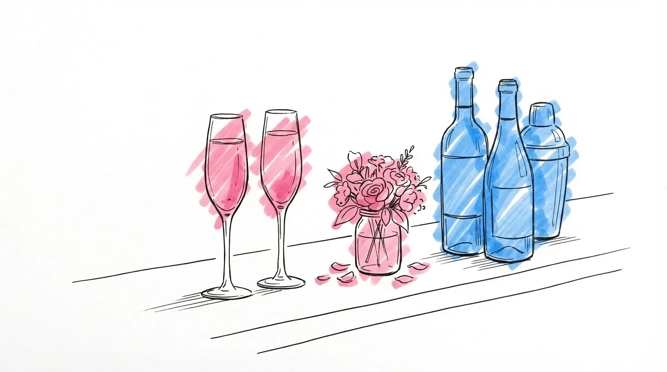 Elegant barscen med vinglas, champagneflöjter, cocktailshaker och flaskor uppradade inför en bröllopsreception i Lovios rosa och blå illustrationsstil