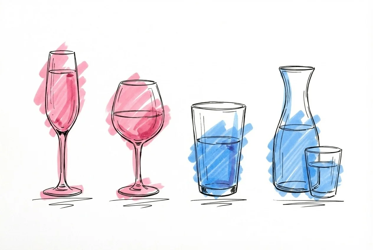 Fyra glas i rad som representerar kvällens progression: champagneflöjt, vinglas, ölglas och vattenkaraff i Lovios stil