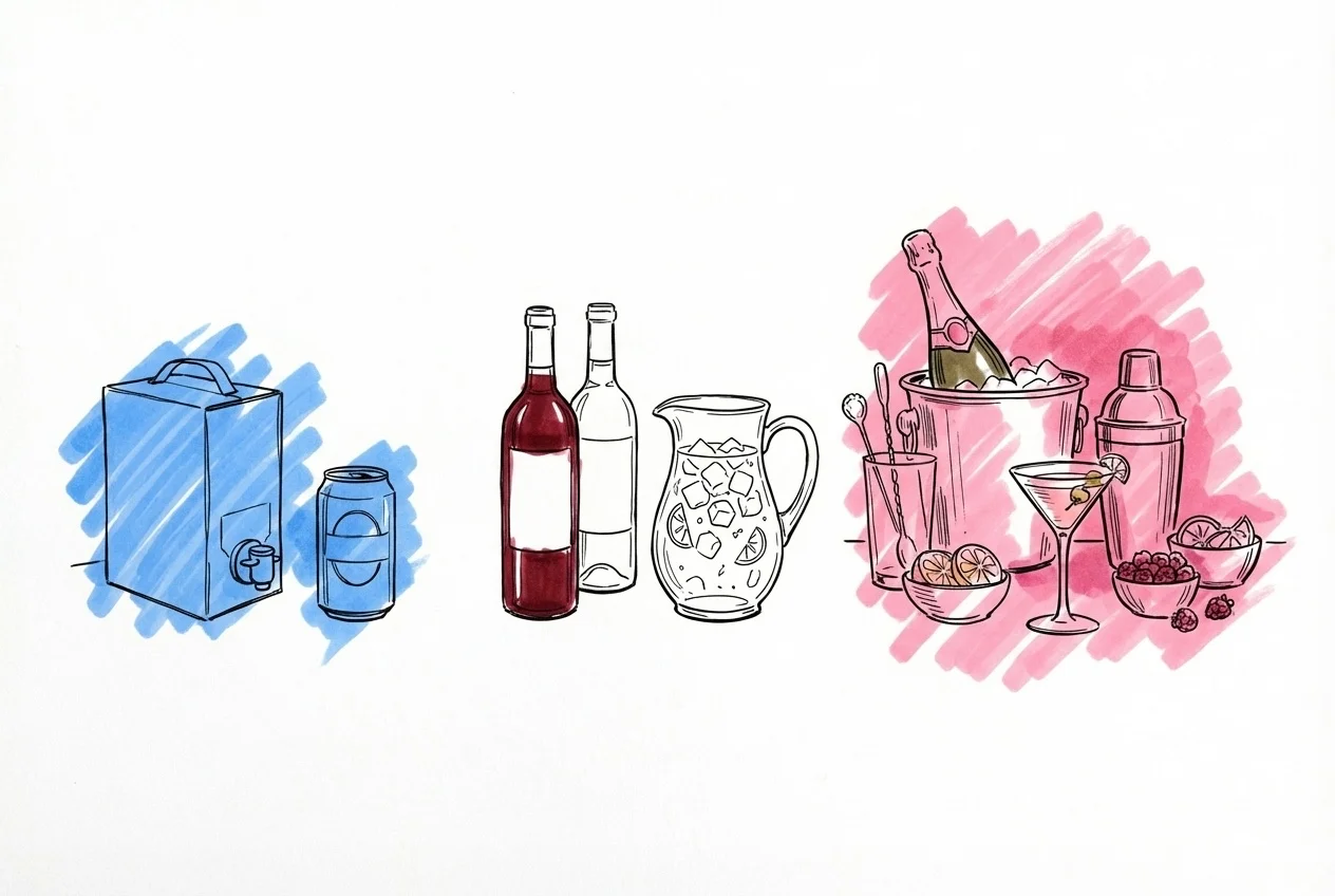 Tre drinkuppställningar i stigande elegans: enkel med box-vin, mellannivå med flaskor och cocktailkanna, premium med champagne och cocktailbar i Lovios stil