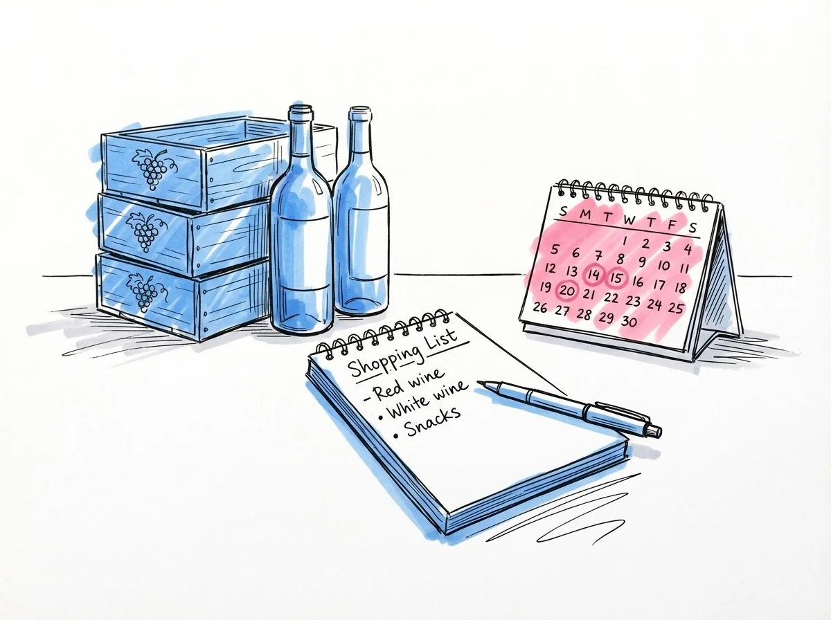 Inköpslista bredvid staplade vinboxar och flaskor med kalender med inringade datum i Lovios stil