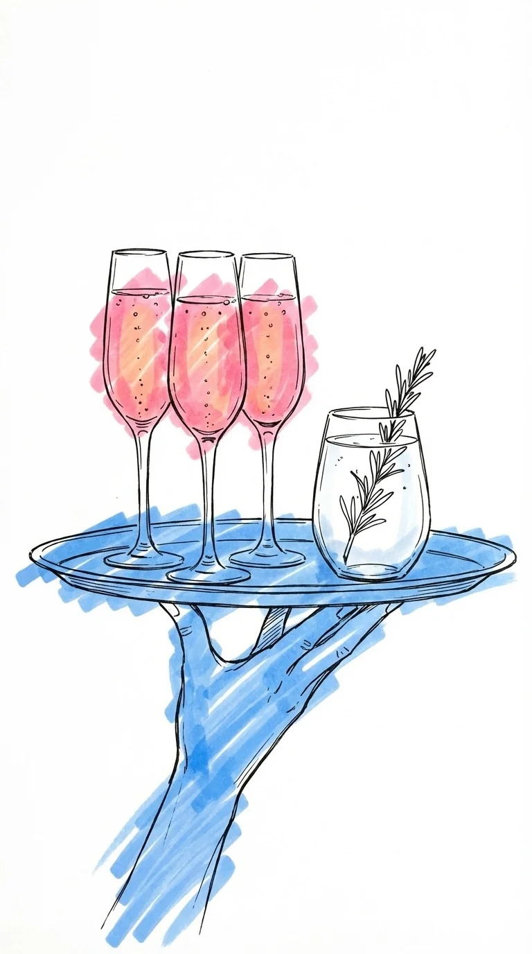 Bricka med eleganta välkomstdrinkar i champagneflöjter och mocktailglas med rosmarin i Lovios stil