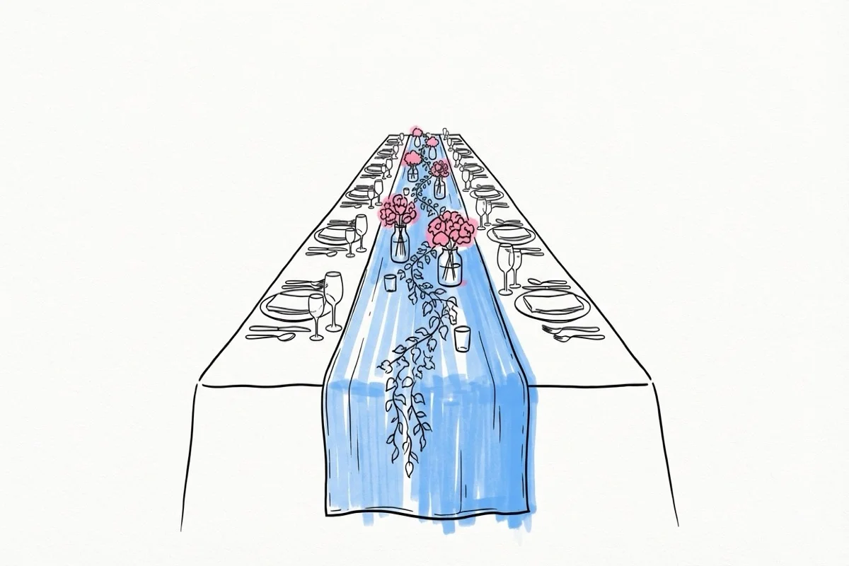 Långt bröllopsbord med löpare, girlanger och låga blomsterarrangemang — långbordsdukning