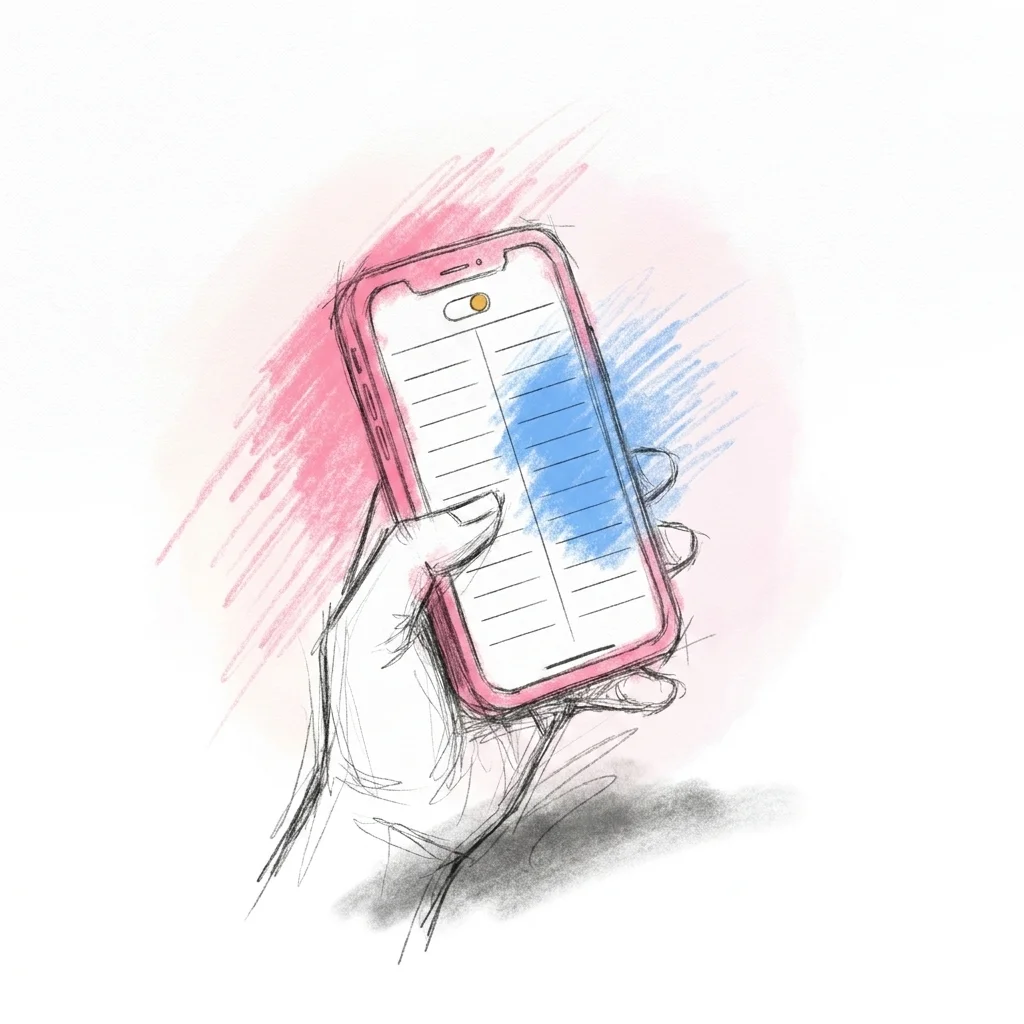 En hand som håller en telefon med gästlistan uppdelad i två taggade grupper, i Lovios illustrationsstil