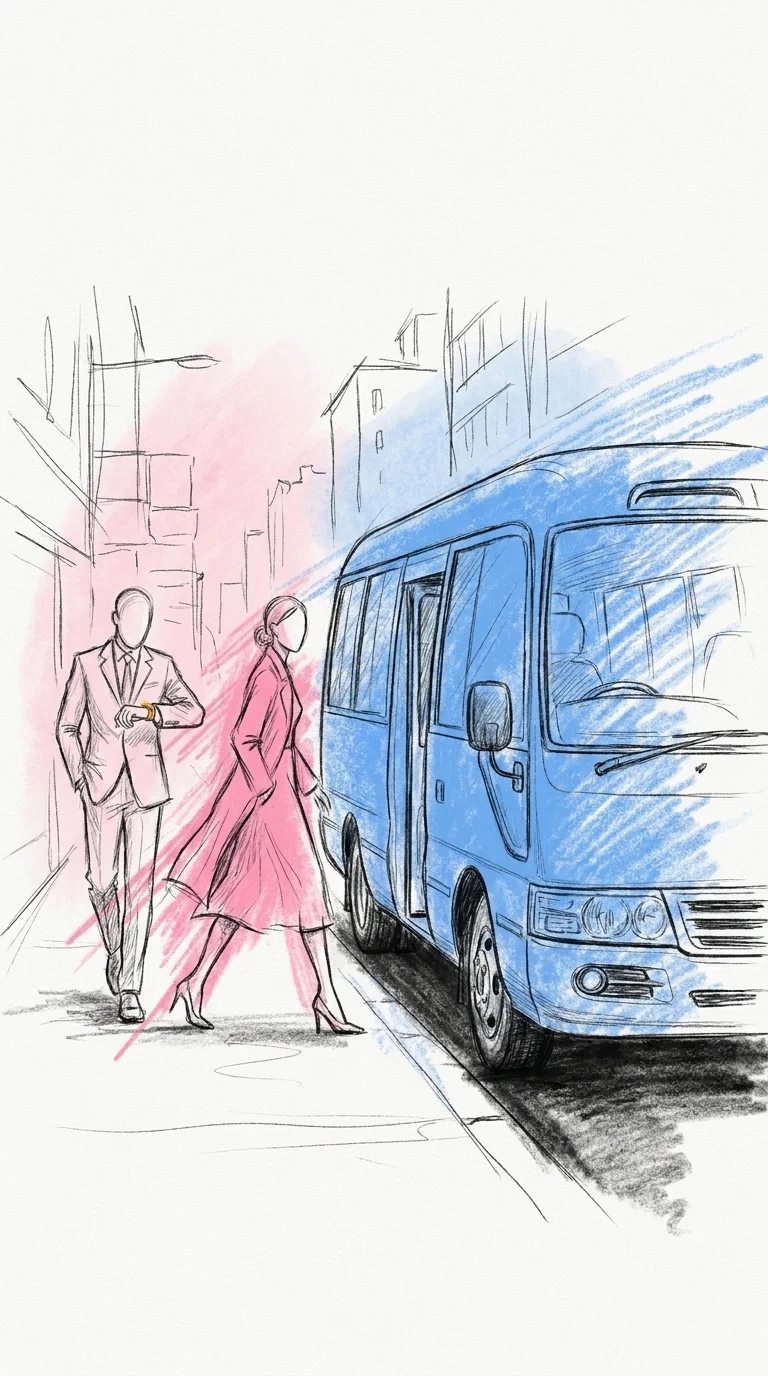 Två gäster på väg mot en väntande minibuss på natten, i Lovios illustrationsstil