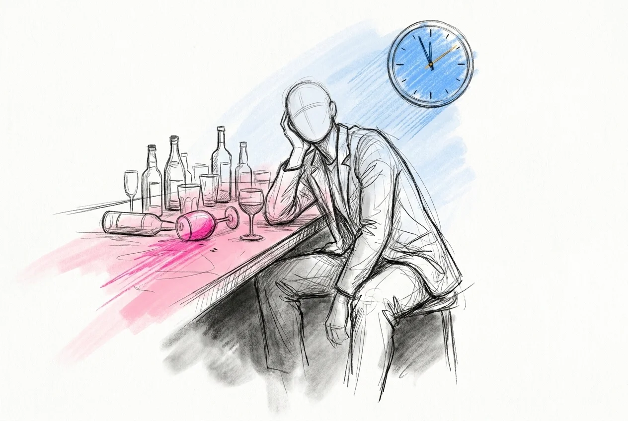 Ett överfullt drinkbord sent på natten med en trött gäst och en klocka som visar en sen timme, i Lovios illustrationsstil