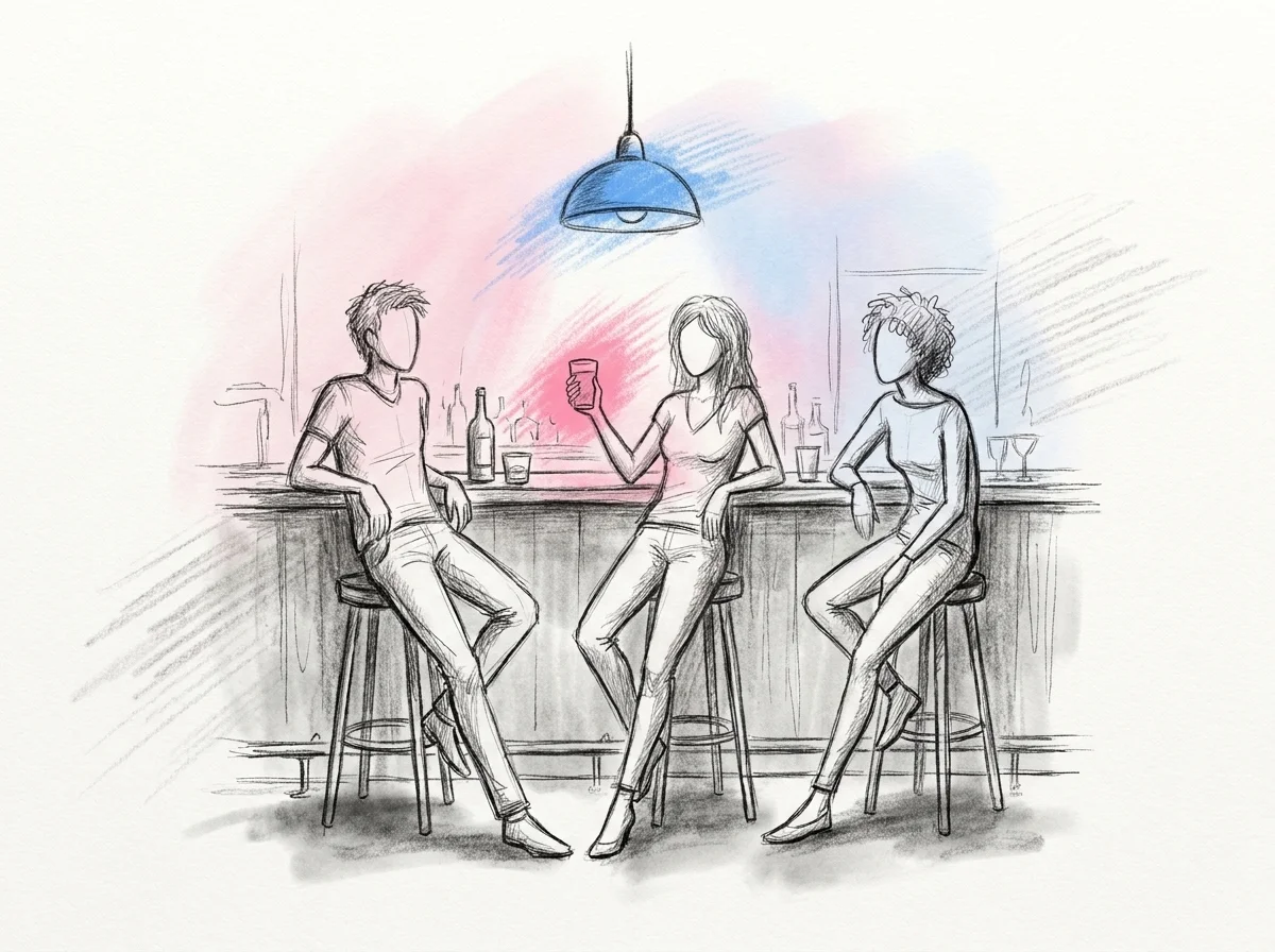 Gäster som samlas vid en bardisk sent på kvällen på en efterfestlokal, i Lovios illustrationsstil