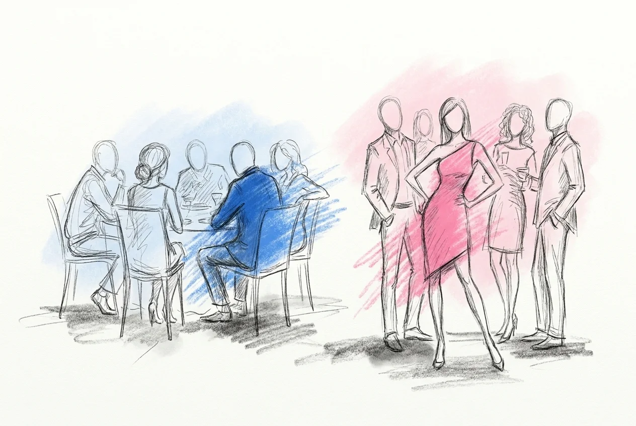 En lugnare middagsgrupp och en livligare kvällsgrupp som samlas bredvid varandra, i Lovios illustrationsstil