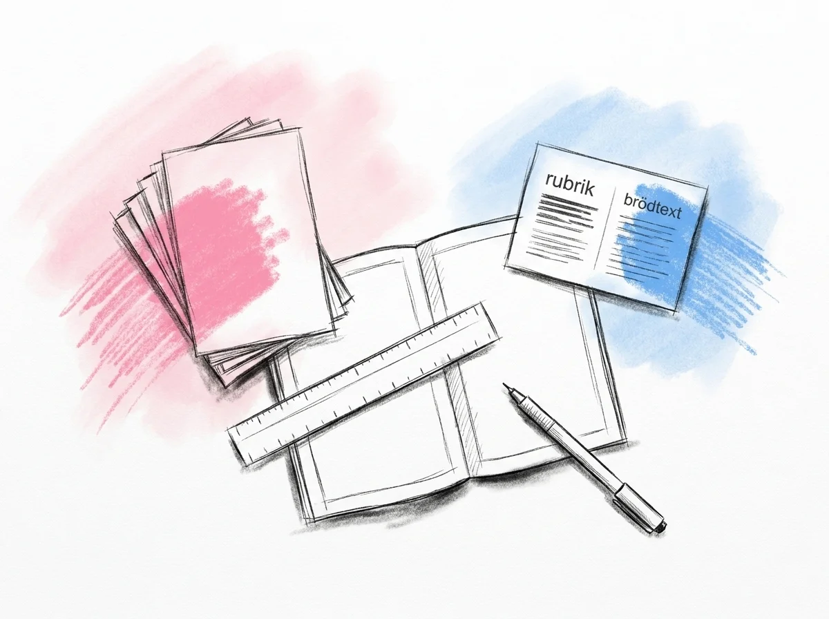 Designworkspace ovanifrån med pappersprov, linjal över A5-uppslag, typsnittsprov och fineliner