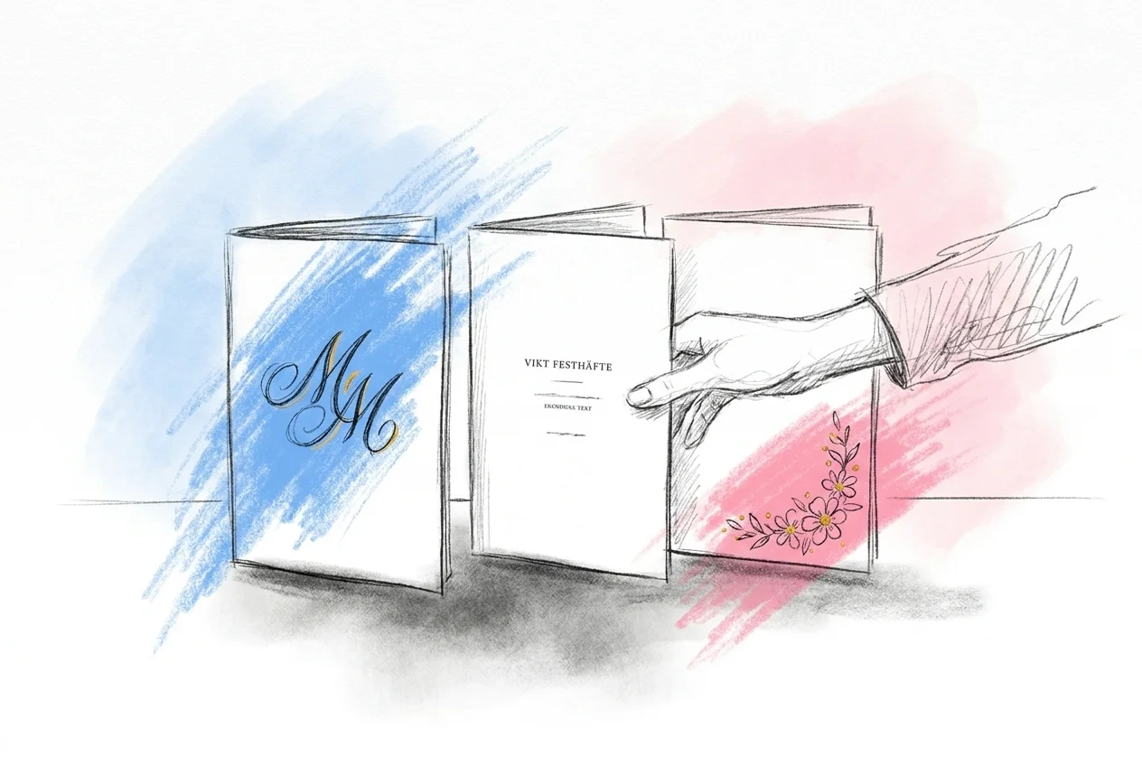 Tre festhäfte-mallar uppställda sida vid sida: klassisk med monogram, modern minimalistisk och rustik med blomstervinjett