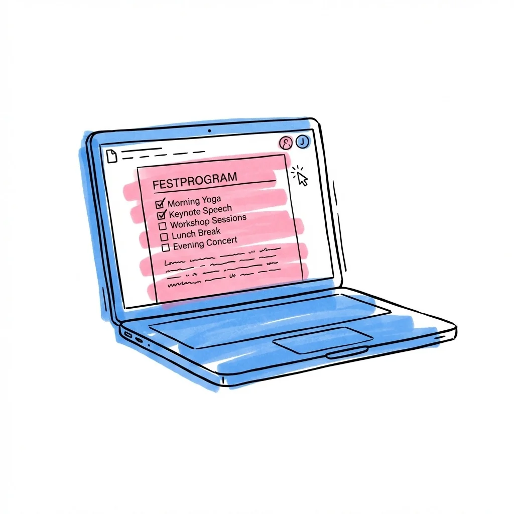 Laptop med ett dokument i Lovios dokument som visar ett festprogram under redigering med rubriker, checklistor och en medredigerares markör