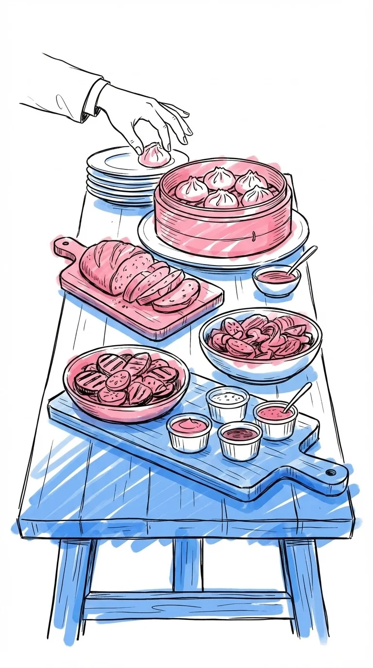 Hög vertikal vy av ett food station-bord fullt med små rätter, skålar och brädor, en gäst som sträcker sig efter en tallrik, i Lovios rosa och blå illustrationsstil
