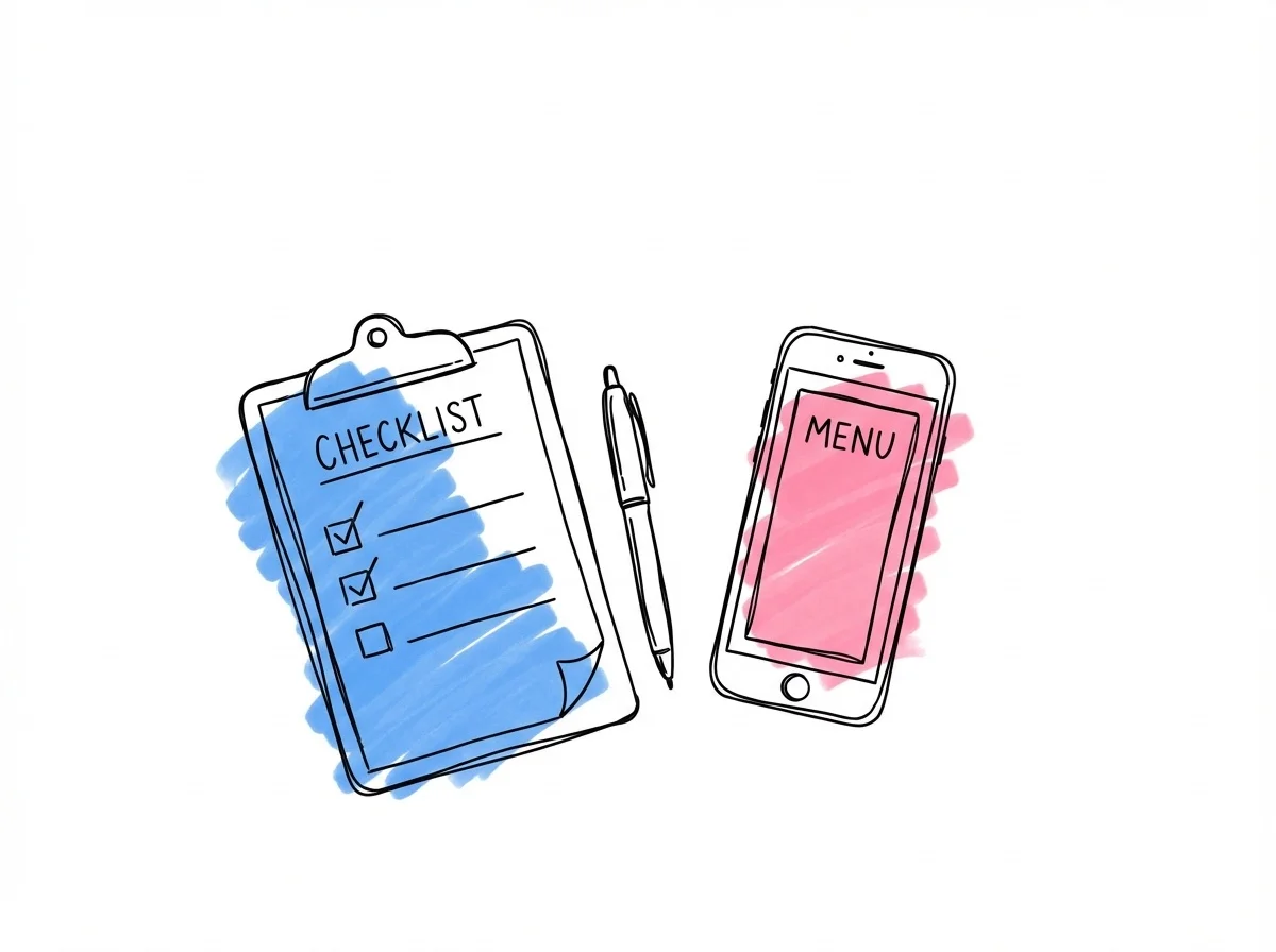 En clipboard med en checklista, en penna och en mobiltelefon som visar en meny i Lovios rosa och blå illustrationsstil