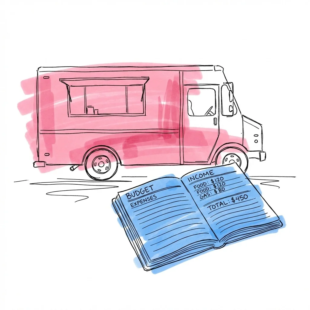 En foodtruck bredvid en öppen planerarbok med budgetrader skrivna på den i Lovios rosa och blå illustrationsstil