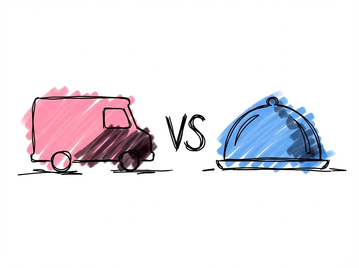 En foodtruck-silhuett till vänster och en serveringscloche till höger med en versus-symbol däremellan i Lovios rosa och blå illustrationsstil