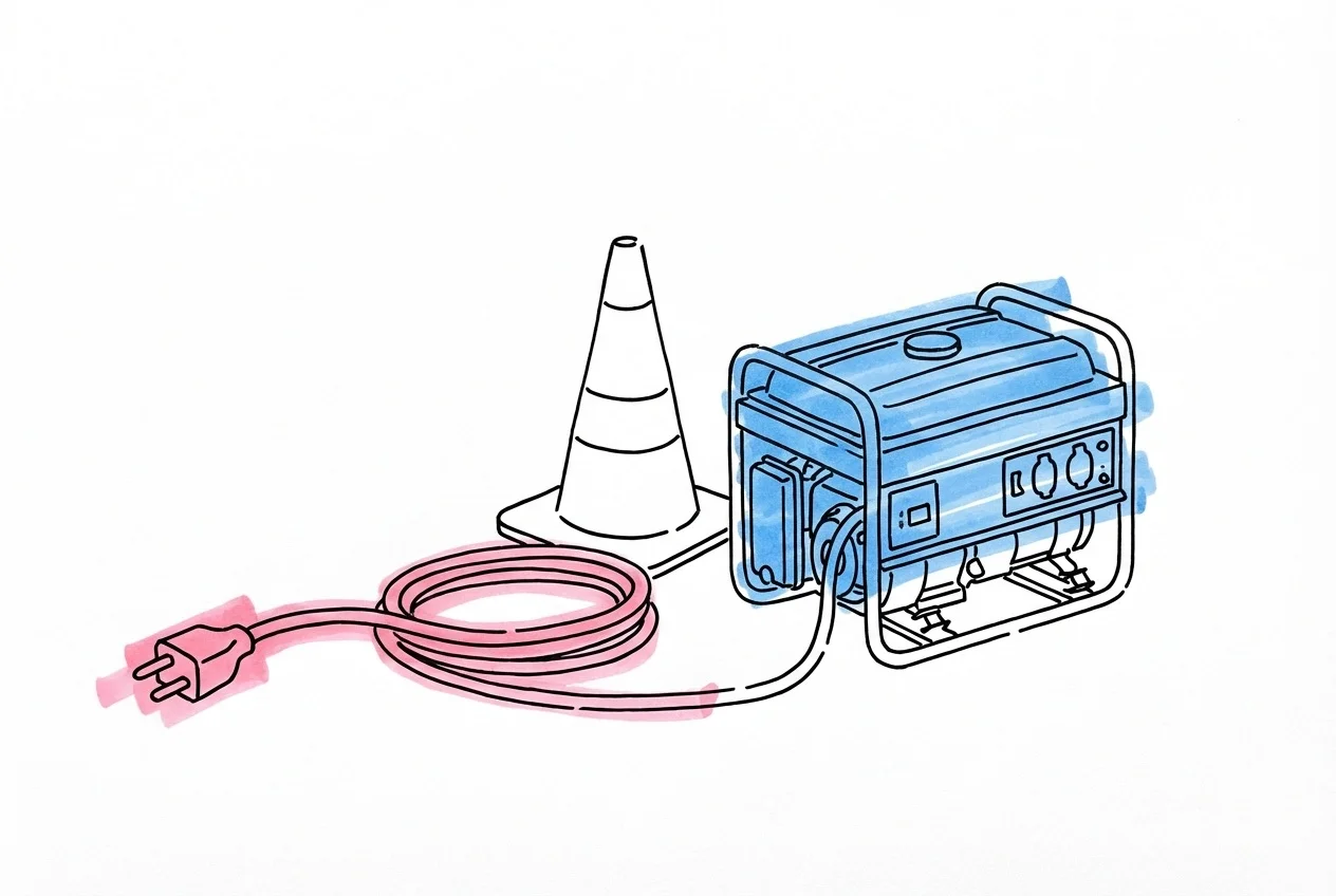 En elkabelkontakt bredvid en parkeringskona och en generator i Lovios rosa och blå illustrationsstil