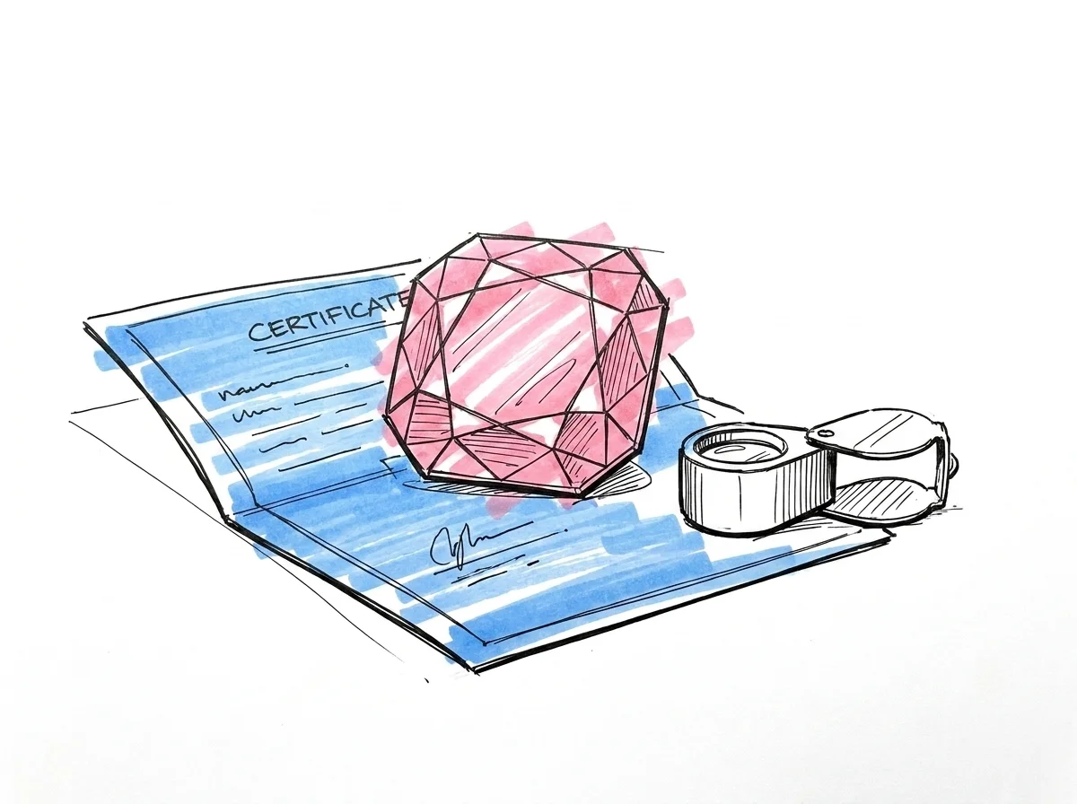 En enkel facetterad sten vilar på ett vikt papperscertifikat med en liten juveloupe bredvid stenen i Lovios illustrationsstil