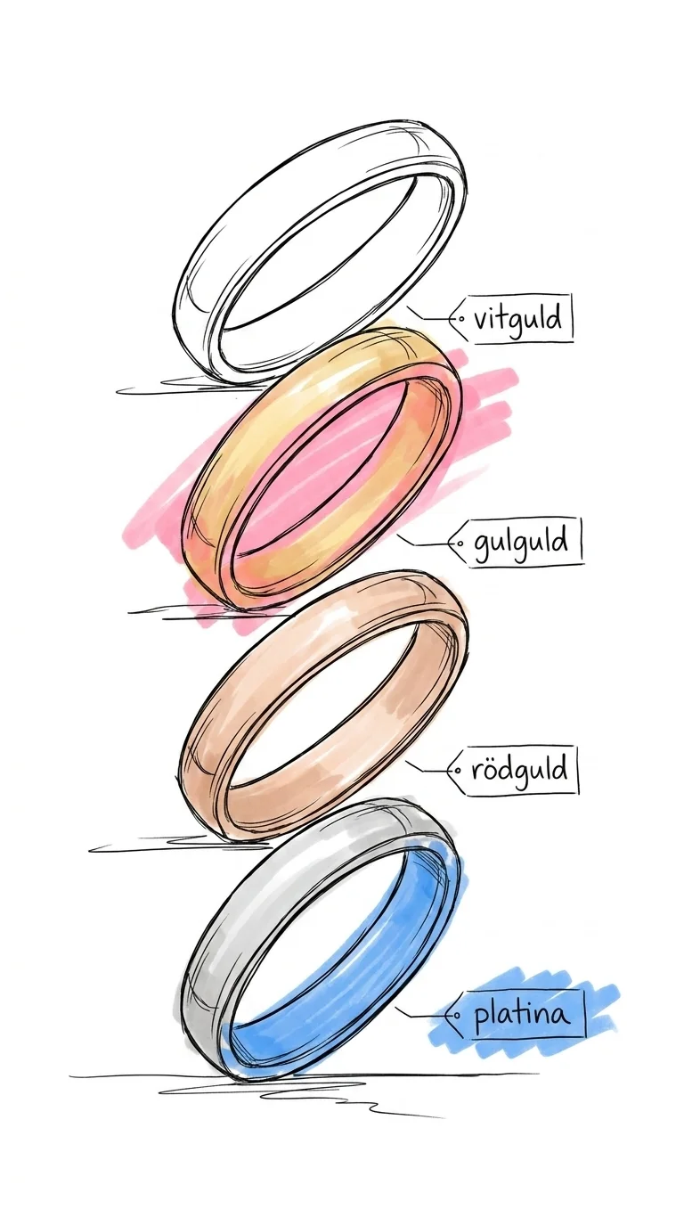 Vertikal stack av fyra släta vigselringar i olika metalltoner — gulguld, vitguld, rödguld och platina — med små etiketter bredvid i Lovios illustrationsstil