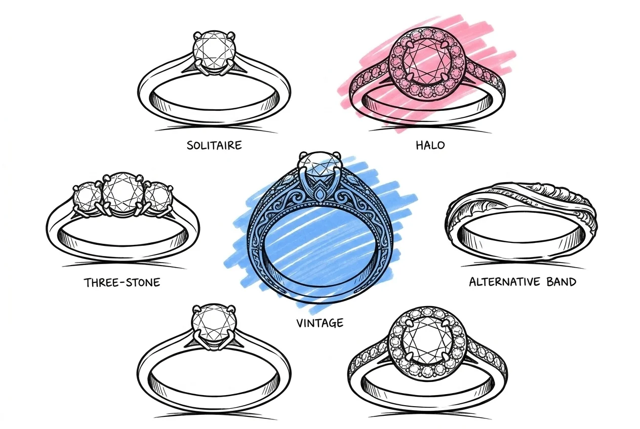 Ovanifrån-bild av fem olika ringformater i ett rutnät — solitaire, halo, three-stone, vintage och alternativ stil — i Lovios illustrationsstil