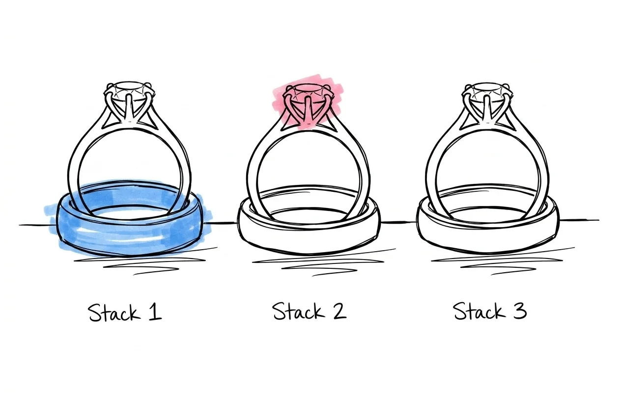Tre stackar med svenska ringkombinationer sida vid sida — släta förlovningsringar, stenbesatt med slät vigselring och blandad lösning — i Lovios illustrationsstil