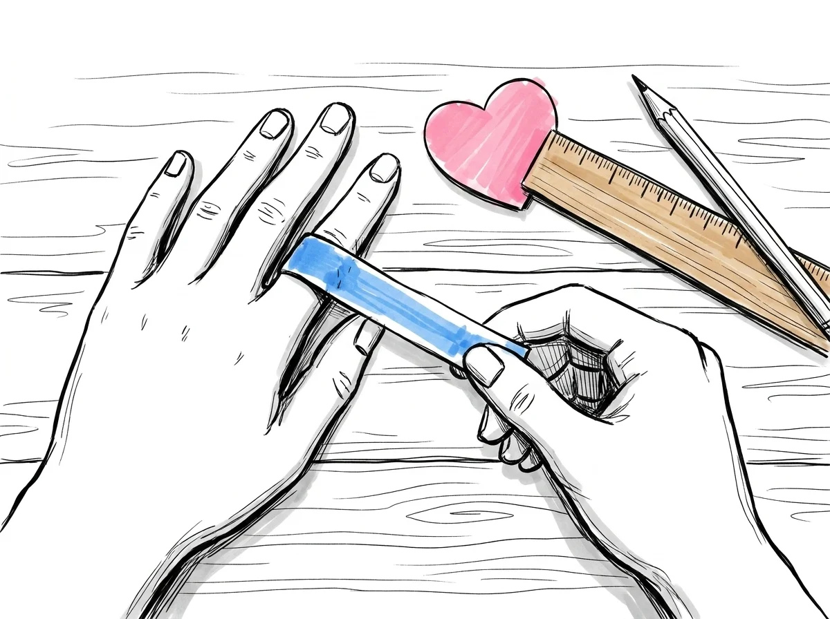 Närbild av två händer som lindar en pappersremsa runt ett finger för att mäta ringstorlek, med en linjal och penna bredvid på underlaget i Lovios illustrationsstil