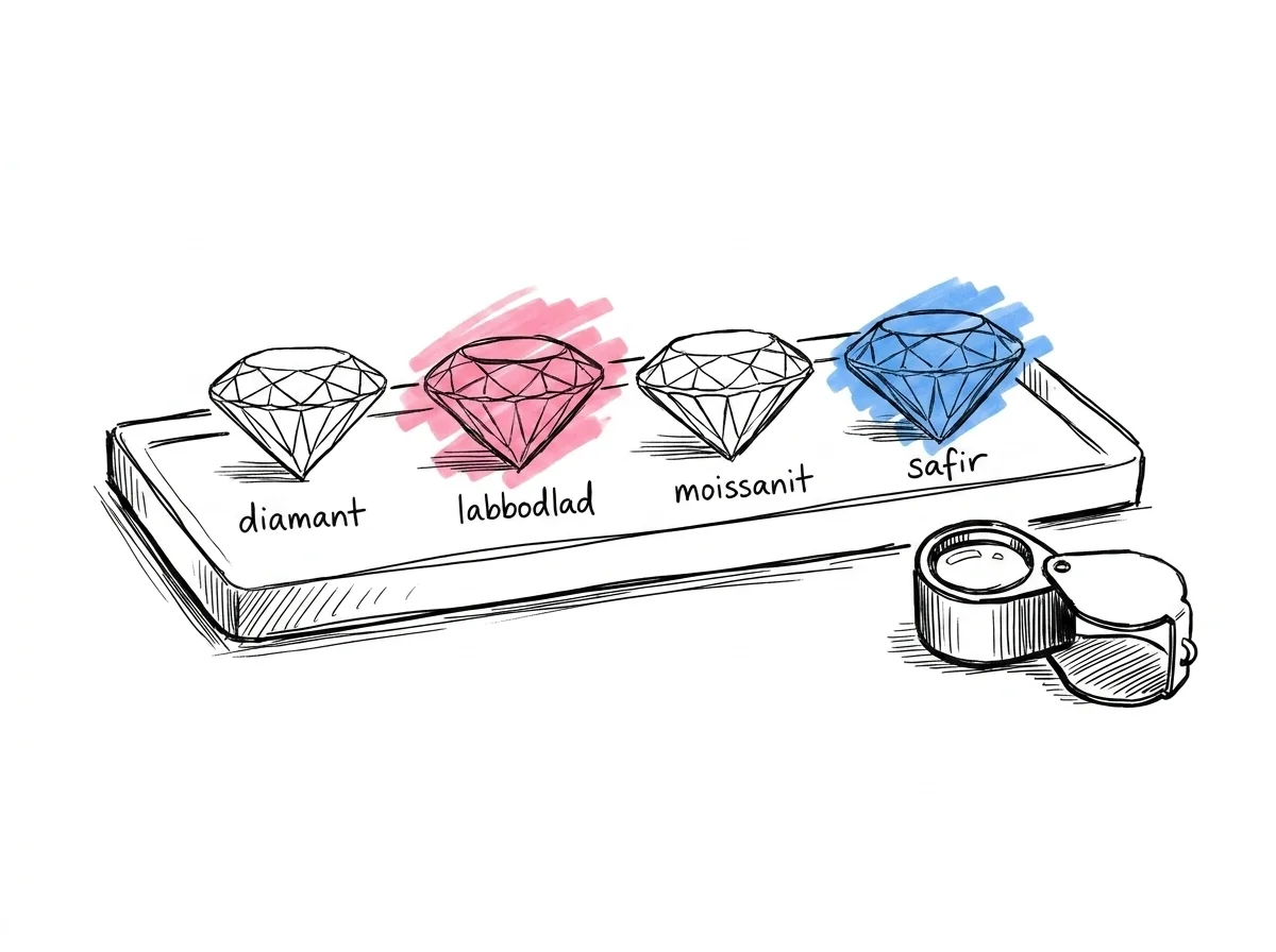 Fyra lösa ädelstenar i rad på en juvelerarbricka — naturlig diamant, labbodlad diamant, moissanit och safir — med små handskrivna etiketter under varje sten i Lovios illustrationsstil