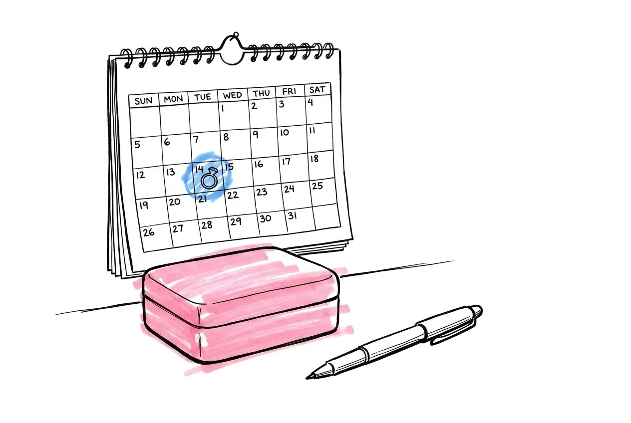 En väggkalender med innevarande månad där en liten ringikon är ritad på ett framtida datum, en liten smyckesask och en penna ligger på underlaget bredvid kalendern i Lovios illustrationsstil