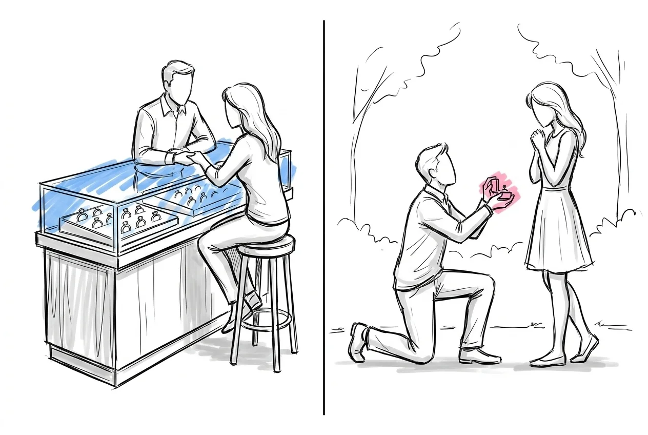 Delad scen — till vänster sitter ett par tillsammans vid en juvelerardisk och tittar på ringar, till höger knäböjer en partner och räcker fram en liten ringask utomhus i Lovios illustrationsstil