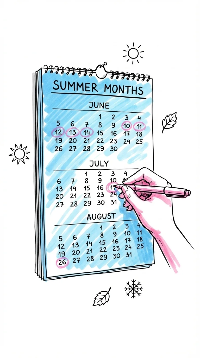 Väggkalender som visar sommarmånaderna med några datum inringade, små säsongssymboler runtomkring — en sol, ett löv, en snöflinga, en hand sträcker sig för att ringa in ett datum