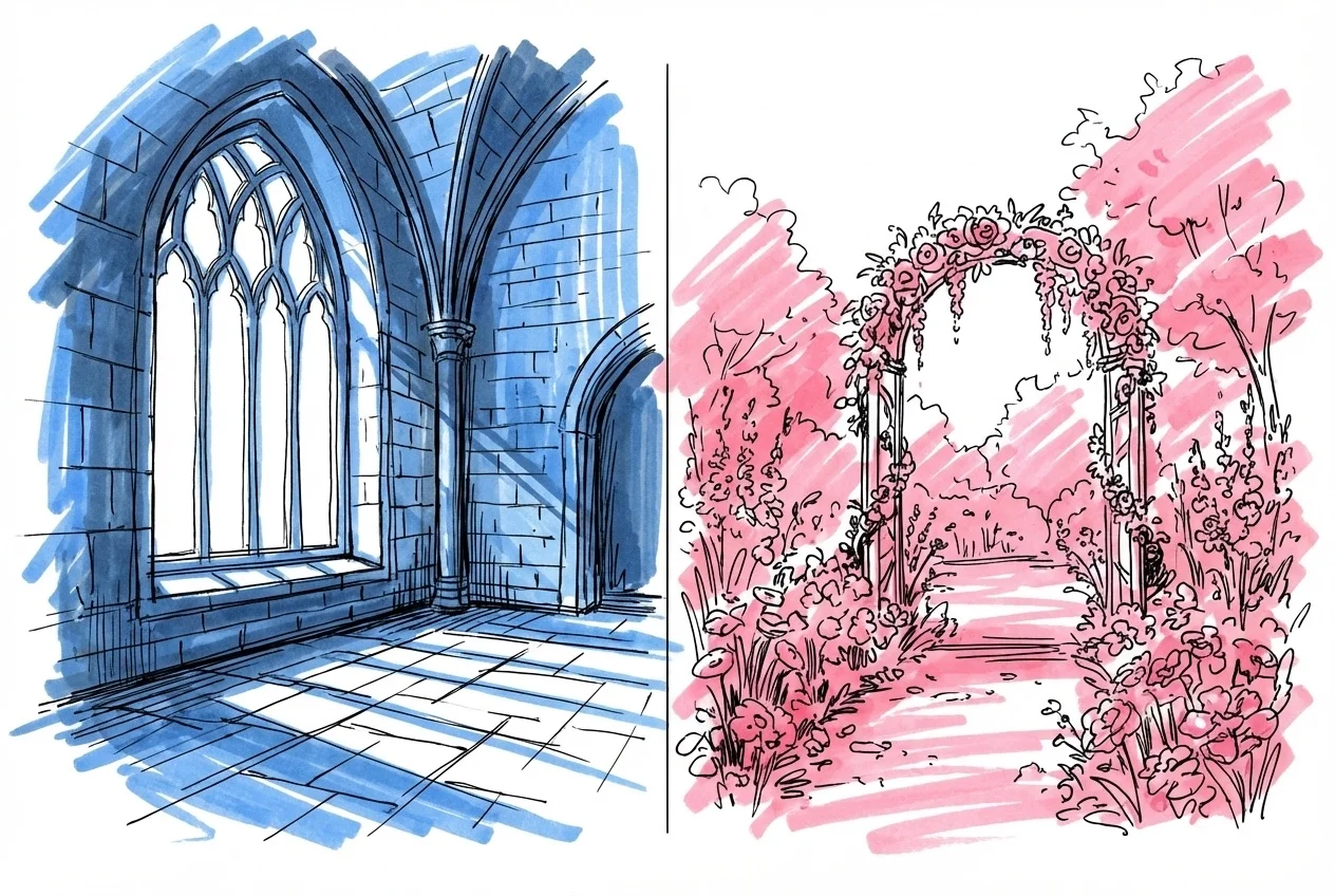 Olika bröllopsplatser — slott, trädgård och strandlokal — med en fotograf som arbetar, i Lovios rosa och blå illustrationsstil