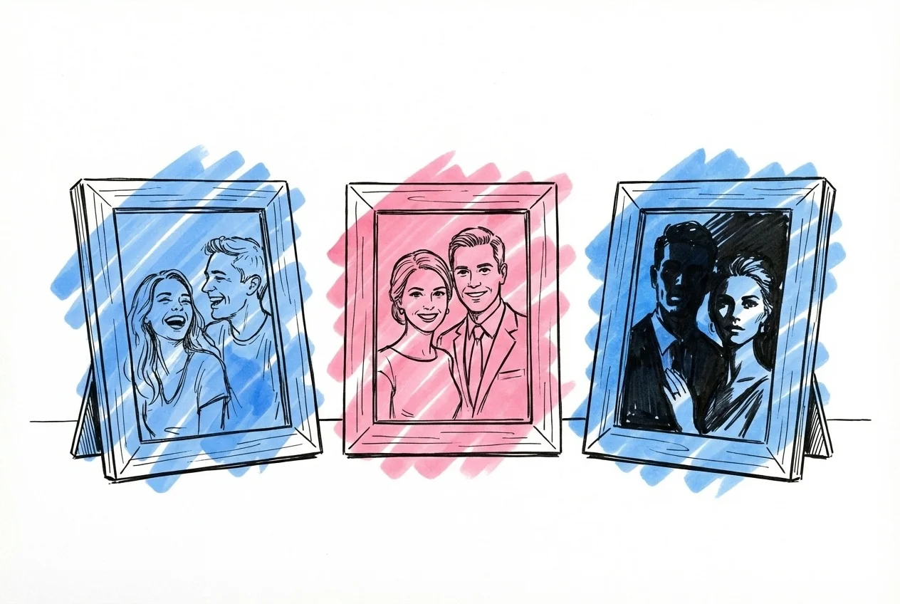 Tre olika fotografiska stilar sida vid sida — dokumentär, klassisk och editorial — i Lovios rosa och blå illustrationsstil