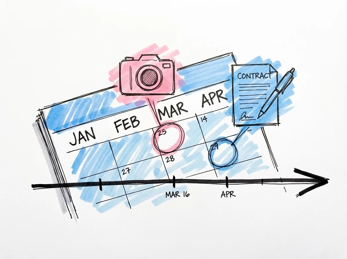 En tidslinje med milstolpar för att boka bröllopsfotograf, i Lovios rosa och blå illustrationsstil