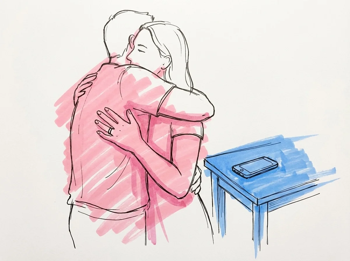 Par som omfamnar varandra, en persons hand vilar på den andras rygg och visar en ring på fingret, med en telefon nedvänd på bordet bredvid, i Lovios rosa och blå illustrationsstil