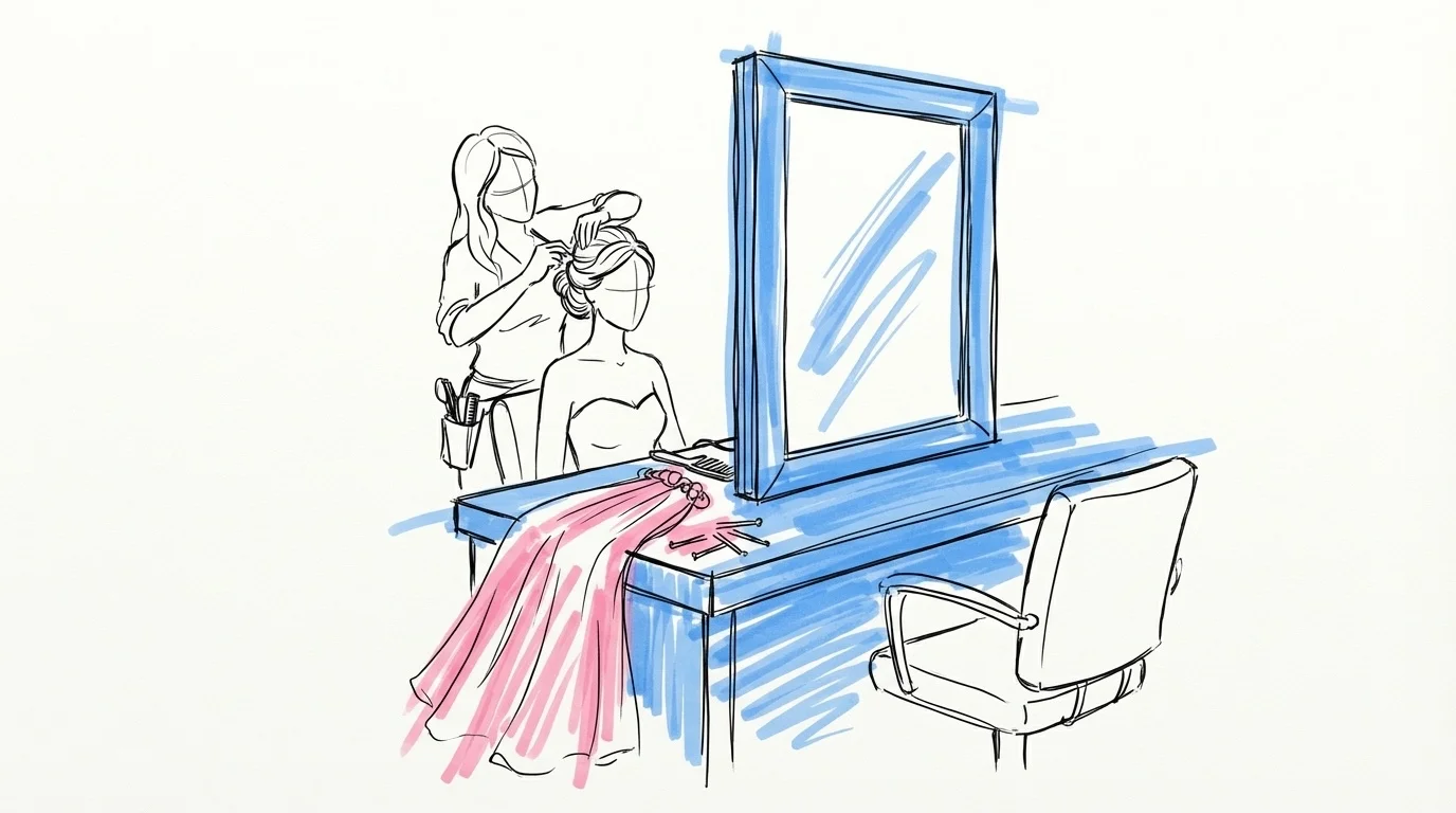 Brud vid stylingstation med frisör som arbetar med uppsättning, spegel och hårspännen i Lovios rosa och blå illustrationsstil